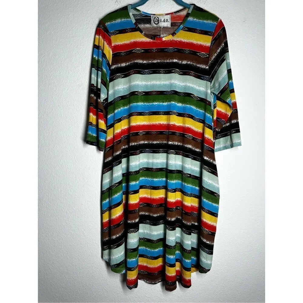 L&B Lucky & Blessed Rainbow Aztec Pattern Striped High Low Slinky Dress Sz S